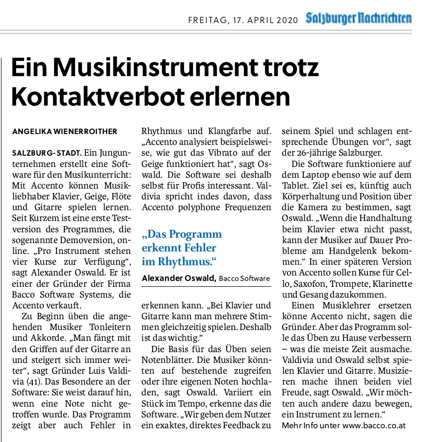 'Learning a musical instrument despite a contact ban' - Salzburger Nachrichten 17. April 2020