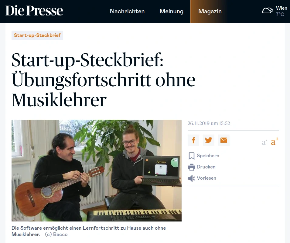 'Start-Up Steckbrief: Übungsfortschritt ohne Musiklehrer' - Die Presse - 11. November 2019