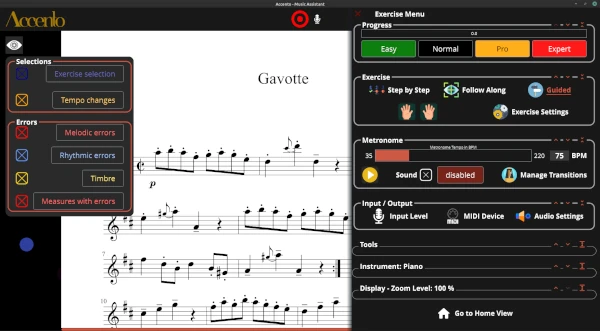 A screenshot of the Accento · Music Assistant main view of the scoresheet while also showing the main menus.